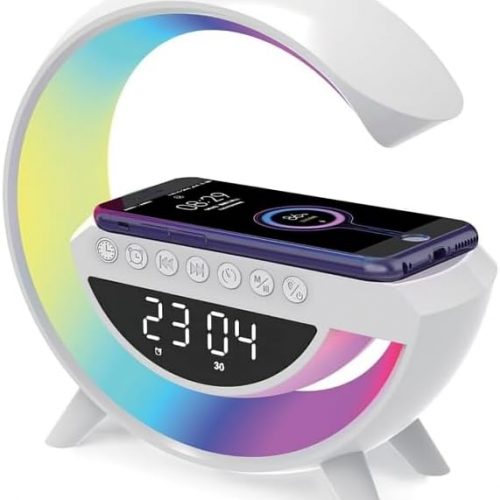 4 in 1 Equatech Rechargeable LED Wireless Charging Speaker with Alarm Clock, RGB Ambient Light with 12 Lighting Effects, Bluetooth Speaker, Wireless Charger & White Noise Lamp [Energy Class A+++]