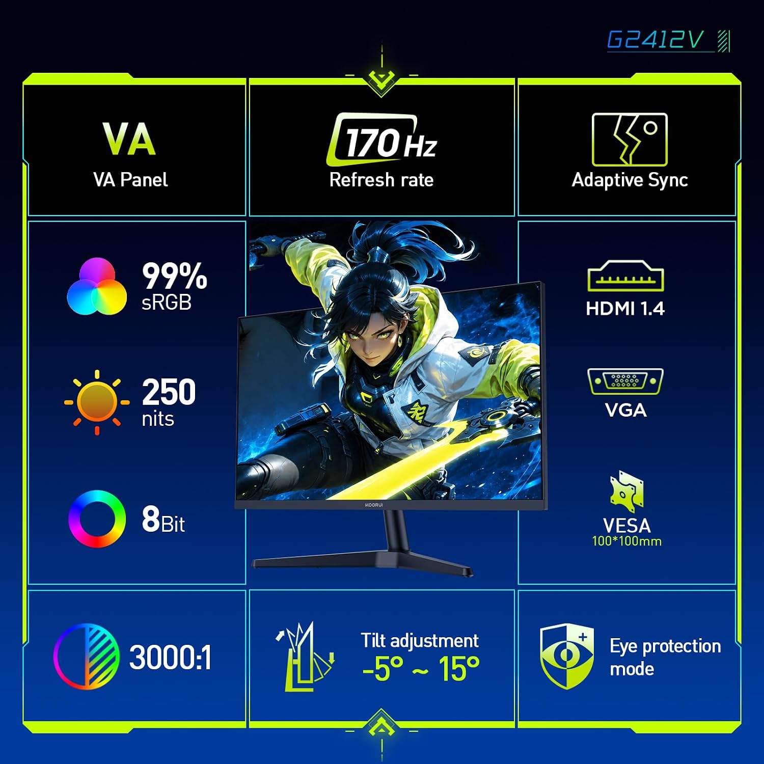 KOORUI 24 Inch Gaming Monitor, 170Hz, Full-HD 1080P, VA - Image 4