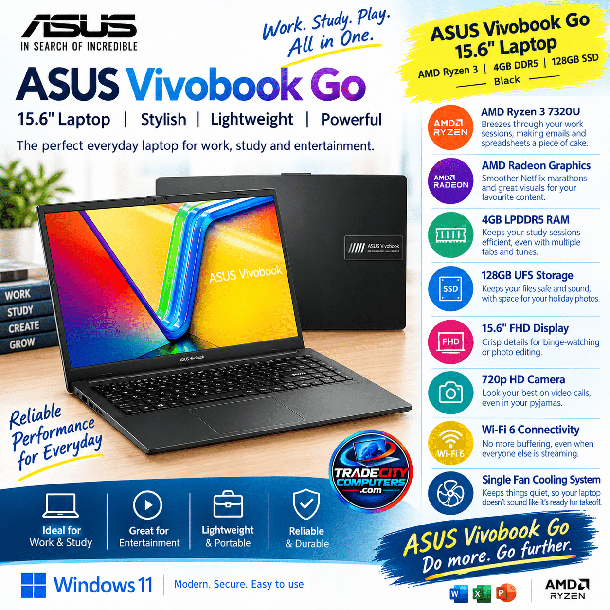ASUS Vivobook Go 15.6" Laptop - AMD Ryzen 3, 4GB DDR5 / 128GB - Black