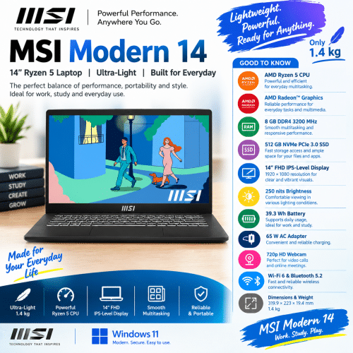 MSI Modern 14", AMD Ryzen 5, 8GB RAM, 512GB SSD, C7M-074UK